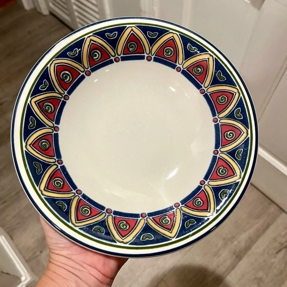 Pier 1 Bowl Red, Blue. Yellow Geometric Pattern 8 1/4 inches